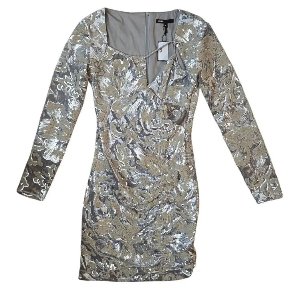 Maje Raneli Sequined Velvet Long Sleeve Mini Dress Argent Small